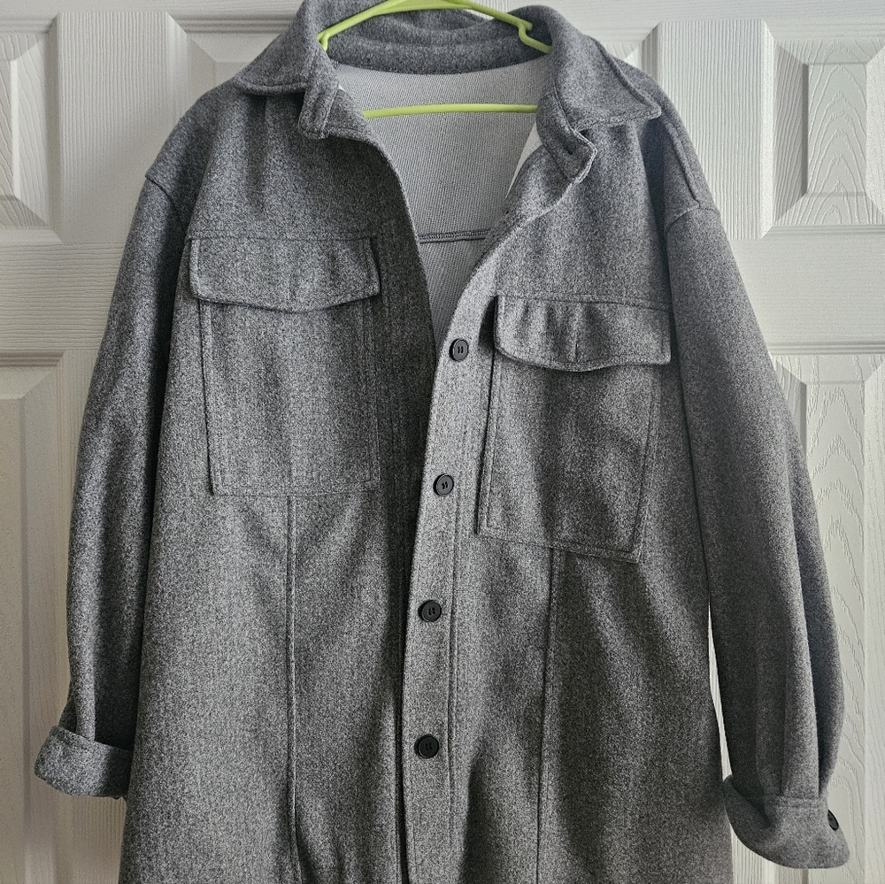 Womens Gray Button-Up Wool Blend Shacket